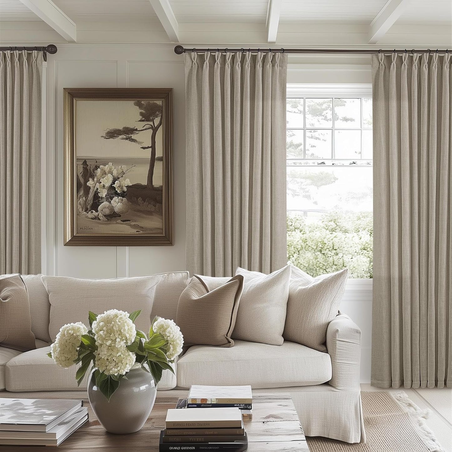 Pinch Pleated Linen Curtains 108" Beige, 2 Panels