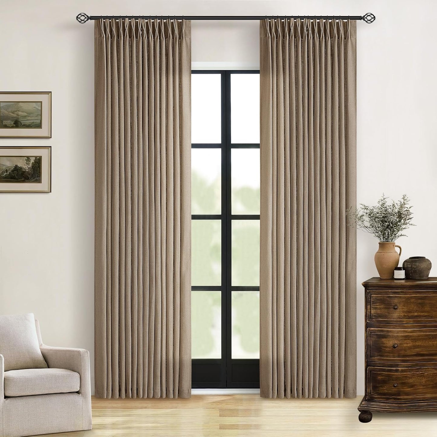Pinch Pleated Linen Curtains 108" Beige, 2 Panels