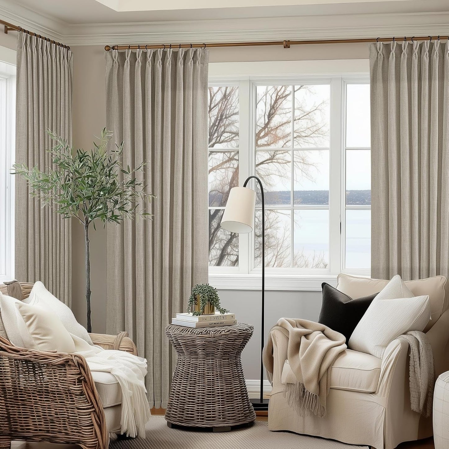 Pinch Pleated Linen Curtains 108" Beige, 2 Panels