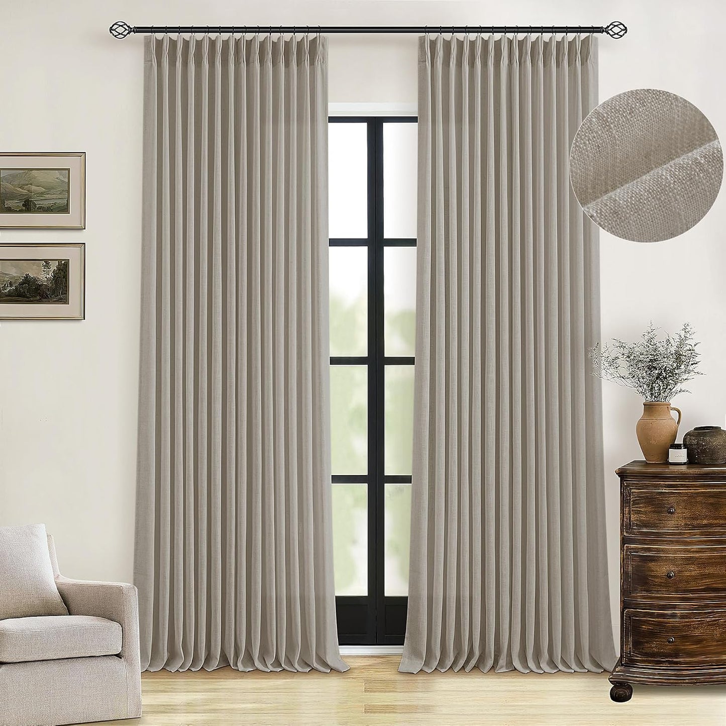 Pinch Pleated Linen Curtains 108" Beige, 2 Panels