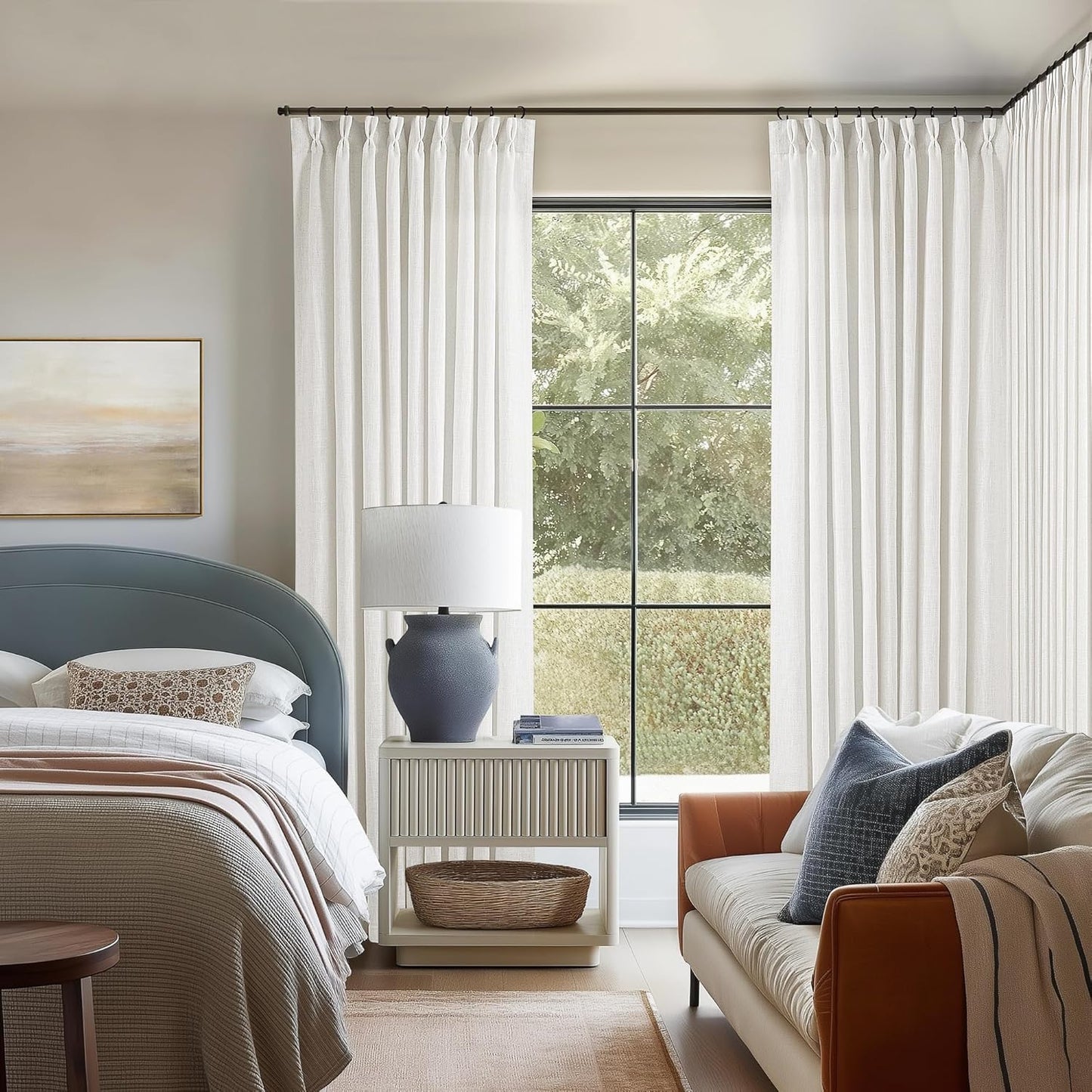 Pinch Pleated Linen Curtains 108" Beige, 2 Panels