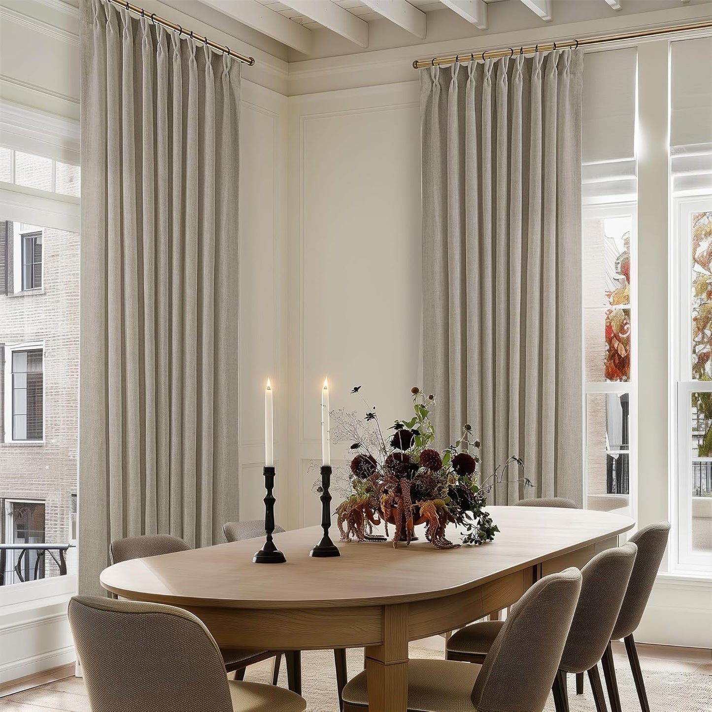 Pinch Pleated Linen Curtains 108" Beige, 2 Panels