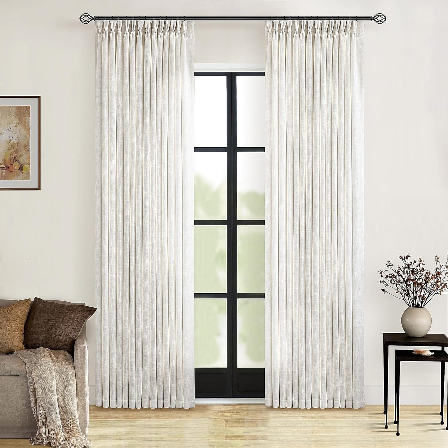 Pinch Pleated Linen Curtains 108" Beige, 2 Panels