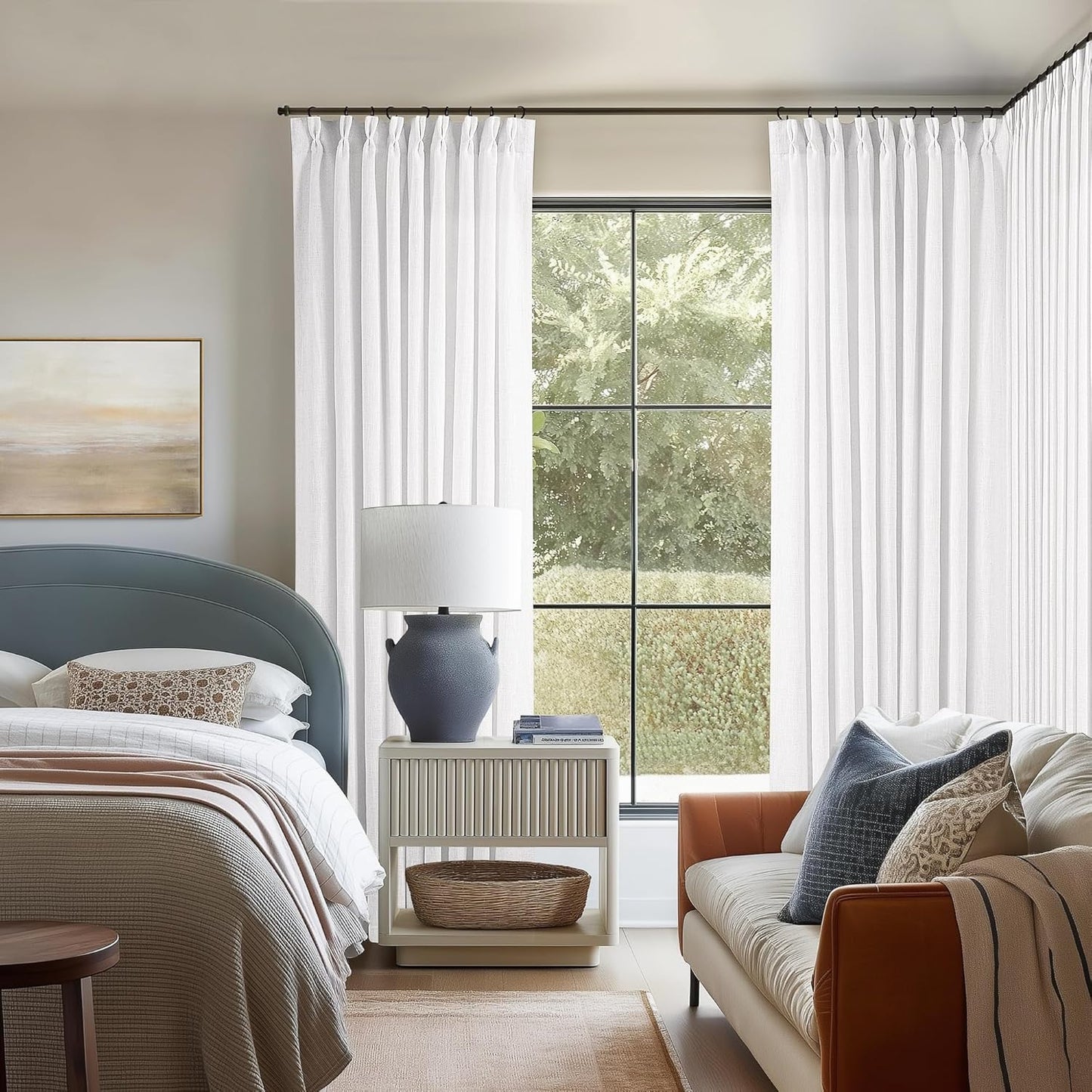 Pinch Pleated Linen Curtains 108" Beige, 2 Panels