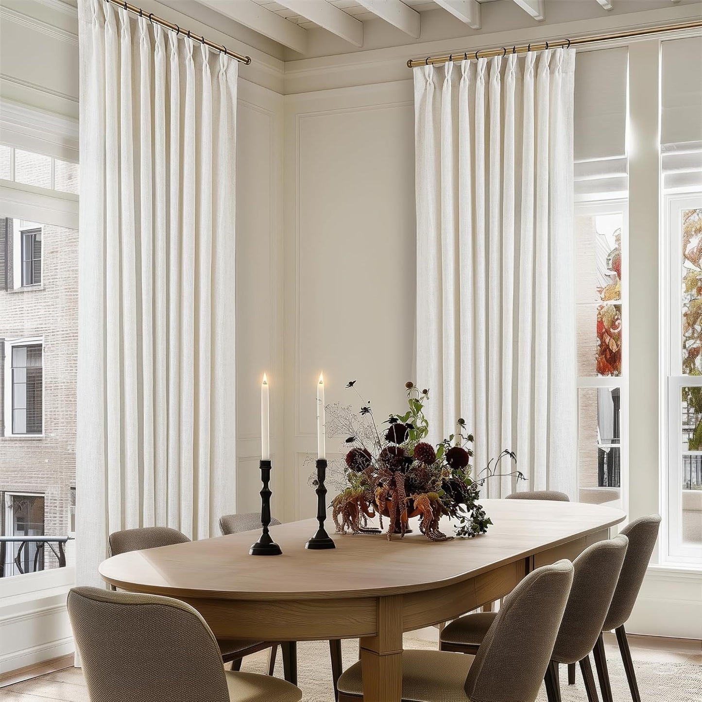 Pinch Pleated Linen Curtains 108" Beige, 2 Panels