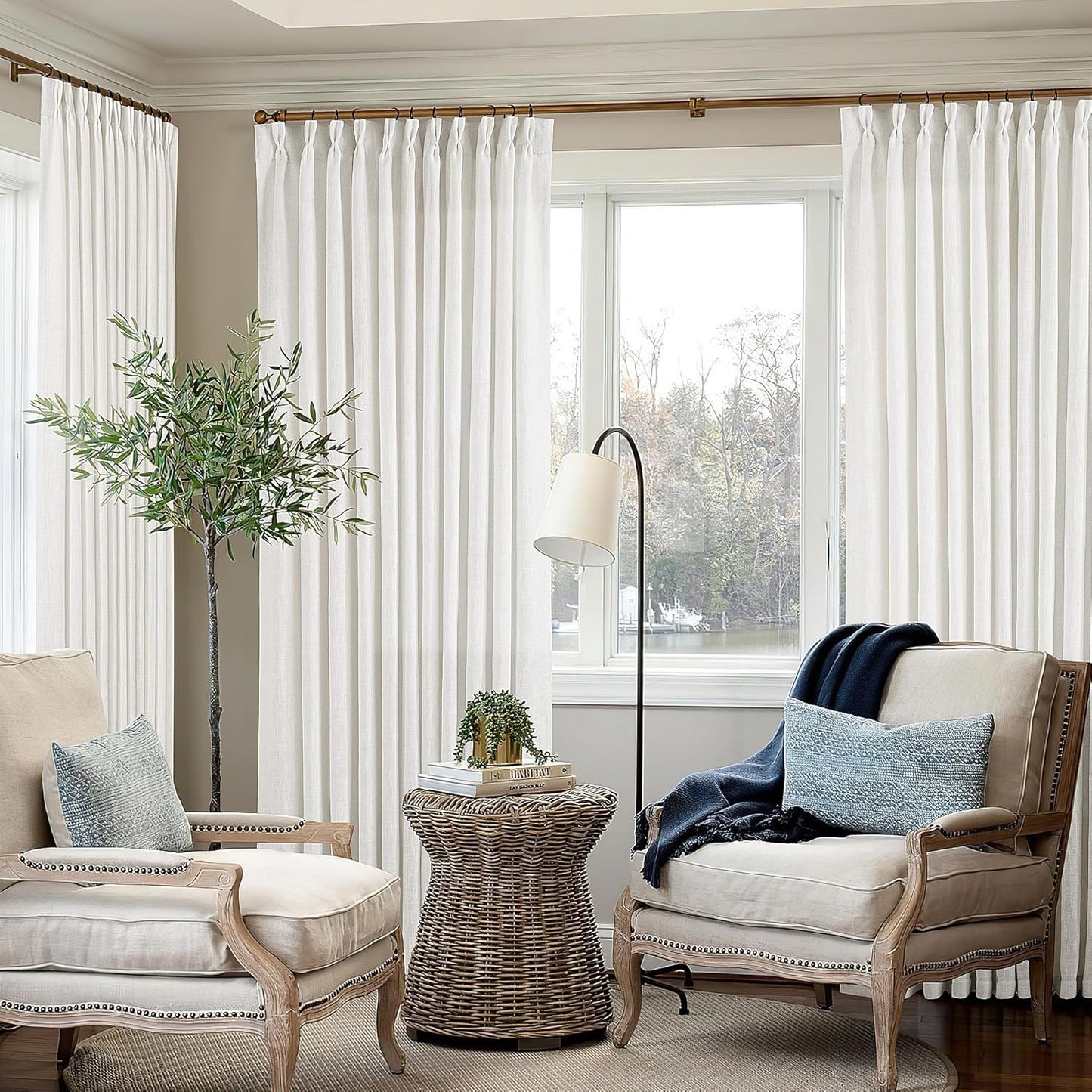 Pinch Pleated Linen Curtains 108" Beige, 2 Panels