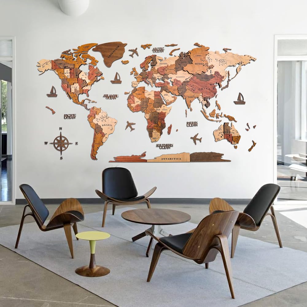 insulvuku 3D Wood World Map Wall Art – XL Brown