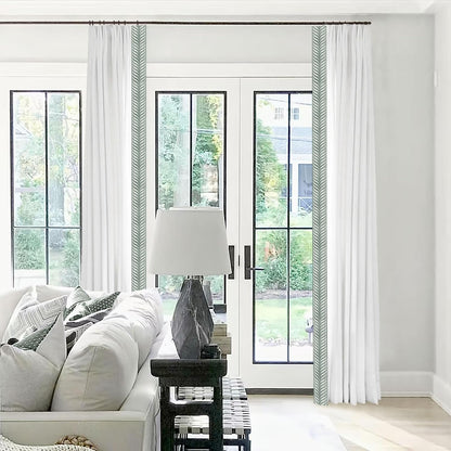 Pinch Pleat Linen Window Curtains with Blue Embroidery