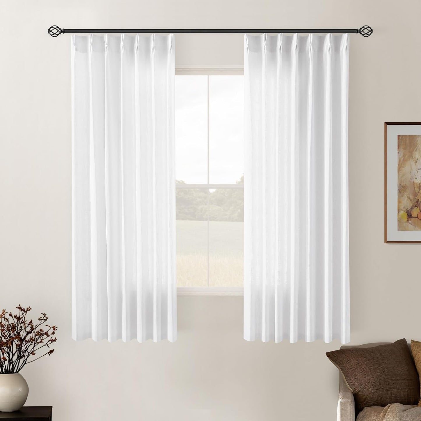 Pinch Pleated Linen Curtains 108" Beige, 2 Panels
