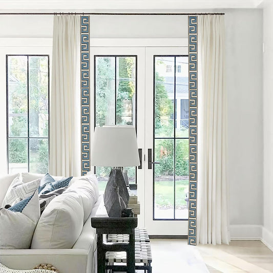Pinch Pleat Linen Window Curtains with Blue Embroidery