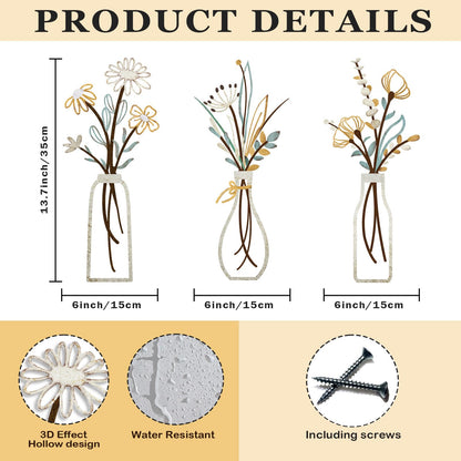 Pigort Metal Flower Wall Art, Beige, 3pcs