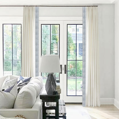 Pinch Pleat Linen Window Curtains with Blue Embroidery