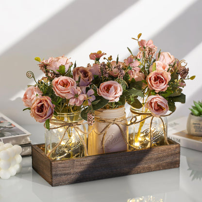 3 Pcs Mason Jar Centerpiece with Tray & Lights – Orange