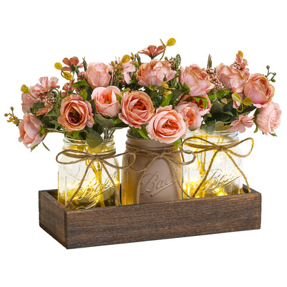 3 Pcs Mason Jar Centerpiece with Tray & Lights – Orange