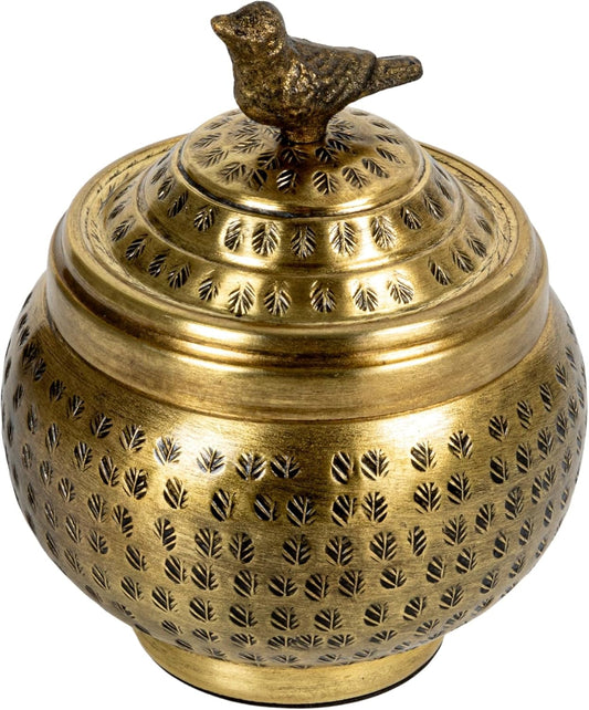 Creative Co-Op Brass Metal Container with Bird Finial