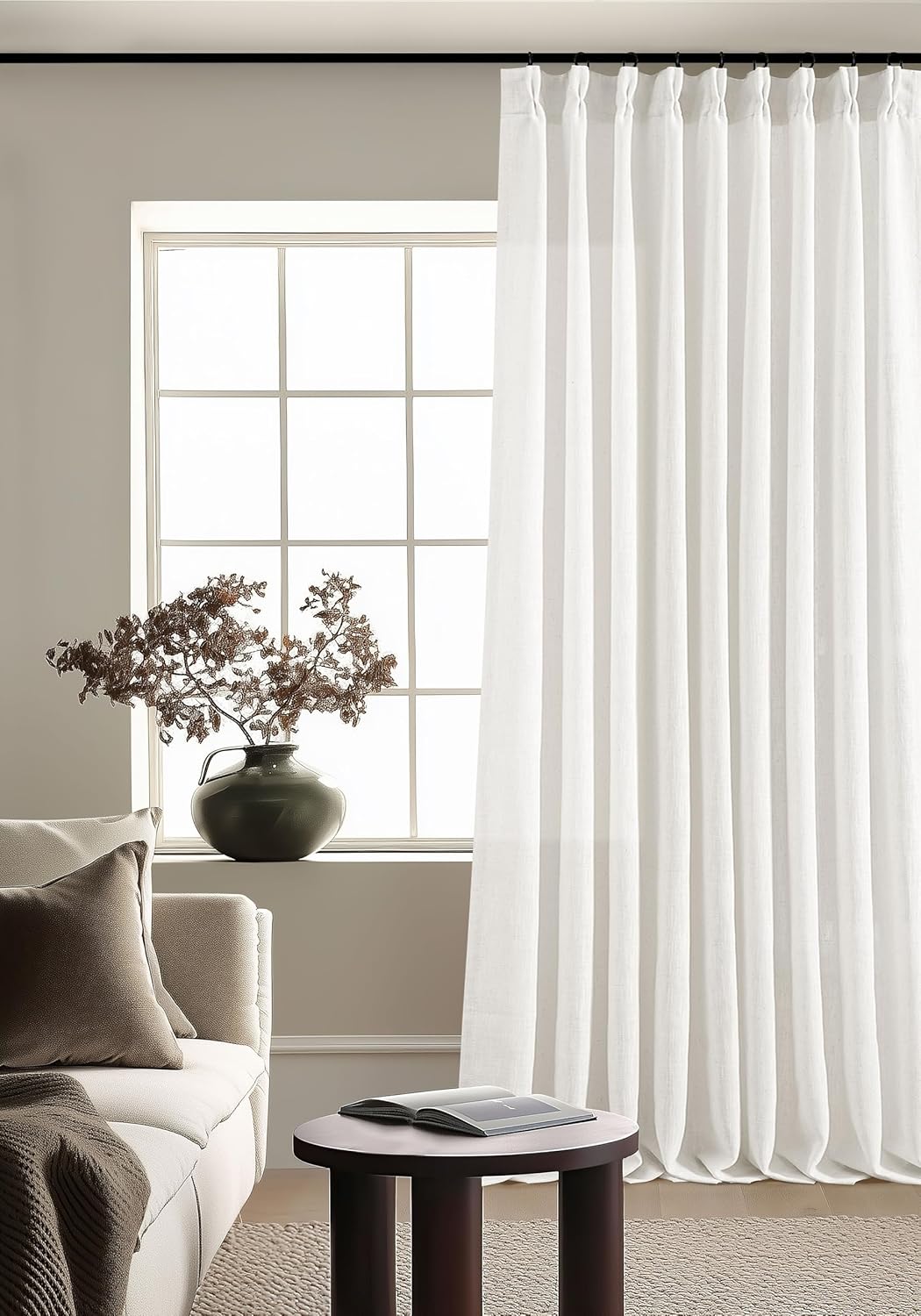 Pinch Pleated Linen Curtains 108" Beige, 2 Panels