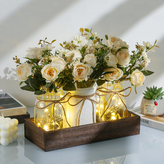 3 Pcs Mason Jar Centerpiece with Tray & Lights – Orange