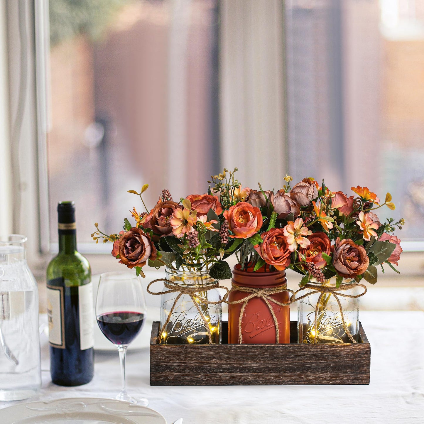 3 Pcs Mason Jar Centerpiece with Tray & Lights – Orange