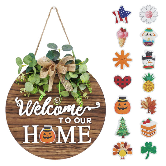 Seasonal Welcome Sign, Rustic Round Door Wreath